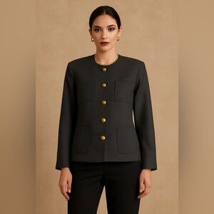 Vintage Devonshire Cream Gold Buttons Wool Houndstooth Boxy Blazer Size 14